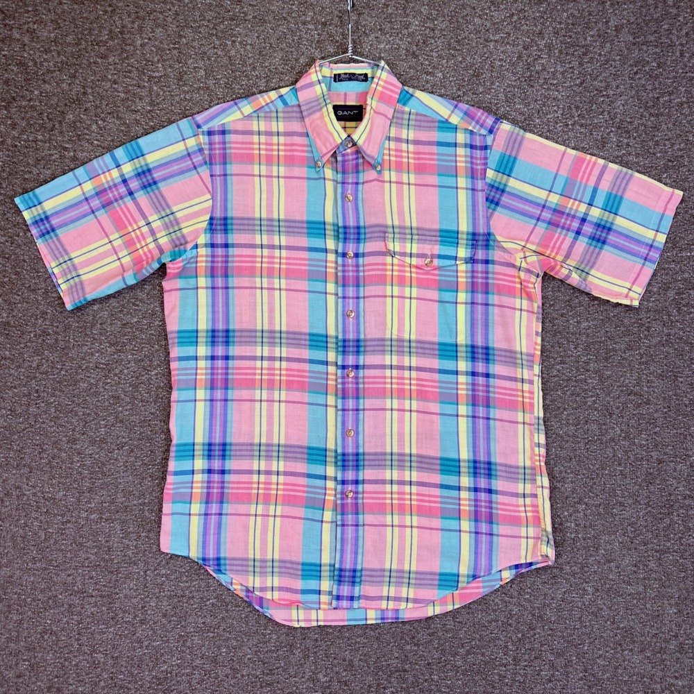Gant Fox Plaid Shirt‎ Mens M Pink Pastel Short Sleeve Button Down Preppy Casual